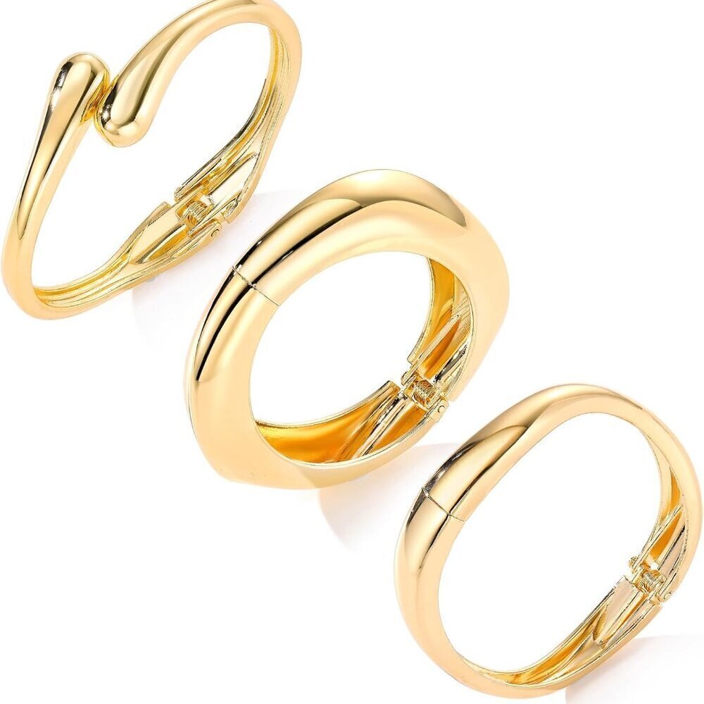 Gold Bangle Set Alloy Steel 3pcs Wide Hinged Flats Layered Minimalist Jewelry